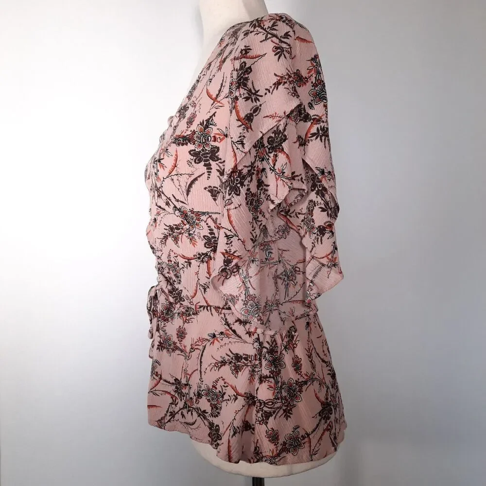 Maurice's Ruched Front Romantic Boho Gauzy Peplum Blouse Pink Floral Size Small - Picture 2 of 12